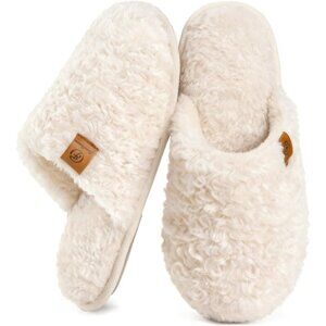 Women's Cream White Fuzzy Slip-on Slippers Warm Cozy Soft Lightweight Foam